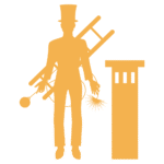 Illustration d’un ramoneur en tenue traditionnelle avec ses outils, devant une cheminée