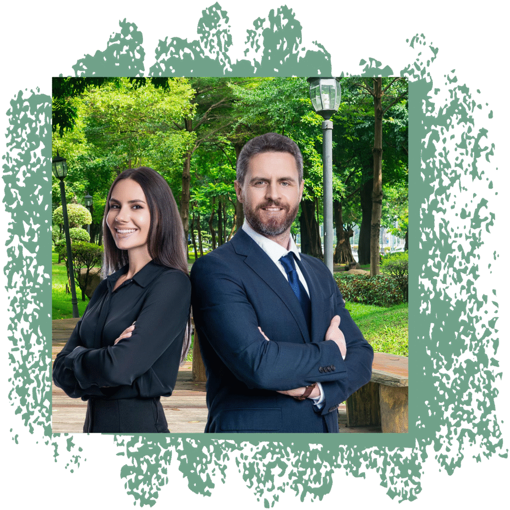 Professionnels en tenue de bureau posant dans un parc arboré, représentant les clients professionnels de l’élagage comme les syndics, collectivités ou entreprises