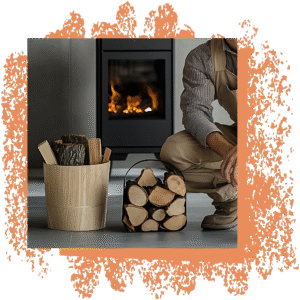 Artisan posant près d’un poêle à bois avec des bûches au sol dans un intérieur moderne
