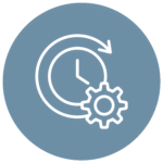Pictogramme d’une horloge entourée d’une flèche circulaire avec une roue dentée, illustrant la gestion du temps.