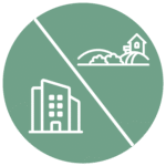 Pictogramme représentant un bâtiment urbain et une maison à la campagne séparés par une diagonale.
