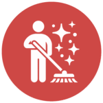 Pictogramme blanc d’une personne en train de nettoyer avec un balai, accompagné d’étoiles brillantes, sur fond rouge.