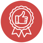Pictogramme représentant un badge avec un pouce levé, symbole de qualité et de fiabilité.
