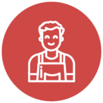 Pictogramme représentant un artisan souriant en tenue de travail, sur fond rouge.