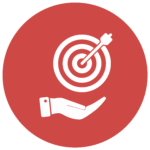 Pictogramme d’une cible avec flèche atteignant le centre, posée au-dessus d’une main ouverte, sur fond rouge.
